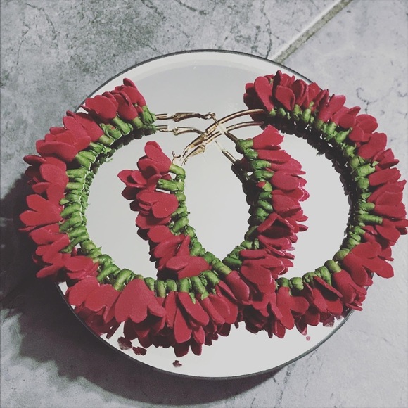 hand made floral earrings, gold earrings, flowers are maroon colour, large hoops - Picture 2 of 4